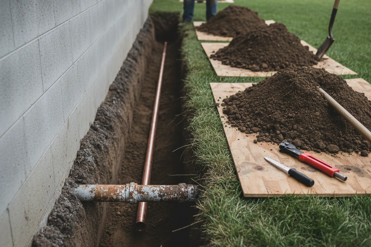 Excavated water line trench during Water Softener Installation in Gilbertville